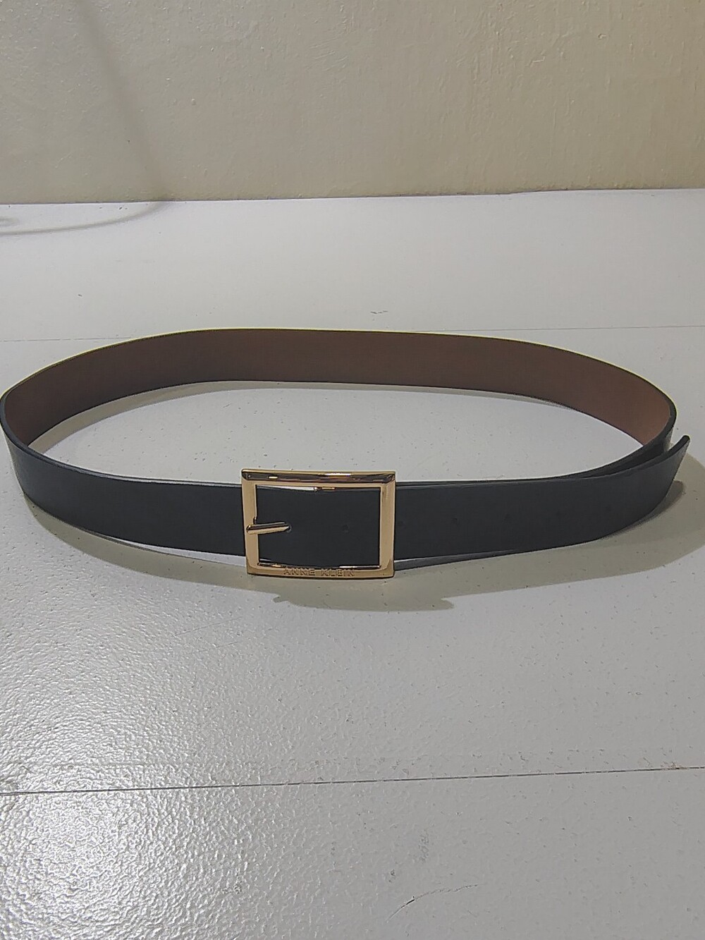 Anne Klein Black Leather Belt with Gold Rectangular Buckle